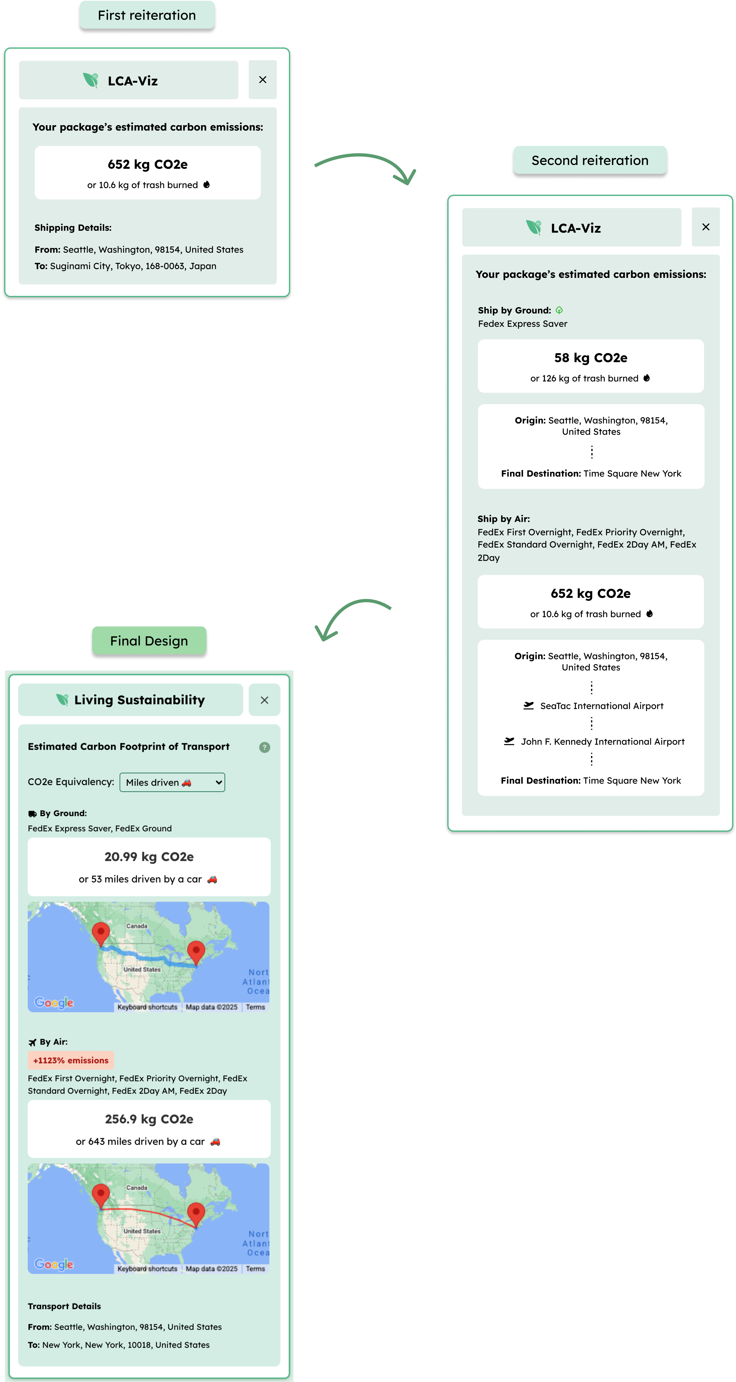 screenshot of the iterative process of shipping emissions feature