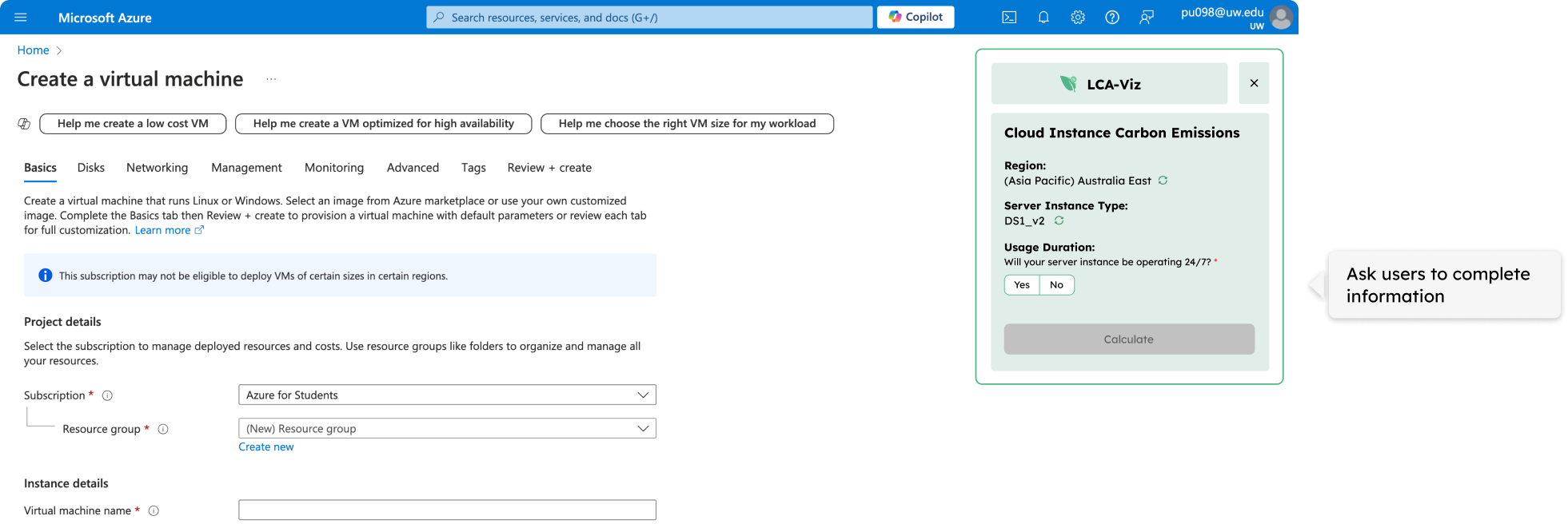 screenshot of the cloud emissions feature