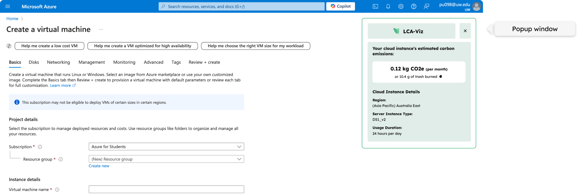 screenshot of the cloud emissions feature when the popup window appears